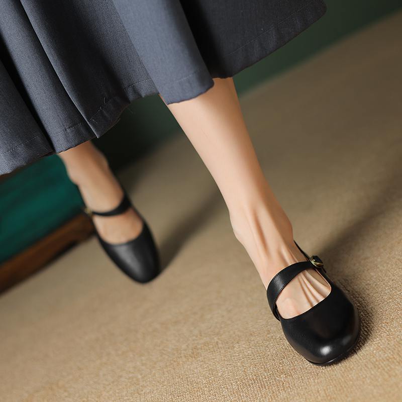 Hovězí kůže s kulatou špičkou tlusté střední podpatky podzimní boty Mary Janes pevné dámské lodičky