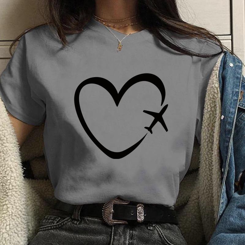 Personalized Creative Airplane Heart Pattern Printed T-Shirt Women's Fashion Shirt Casual Outdoor Women's Round Neck Short Sleev