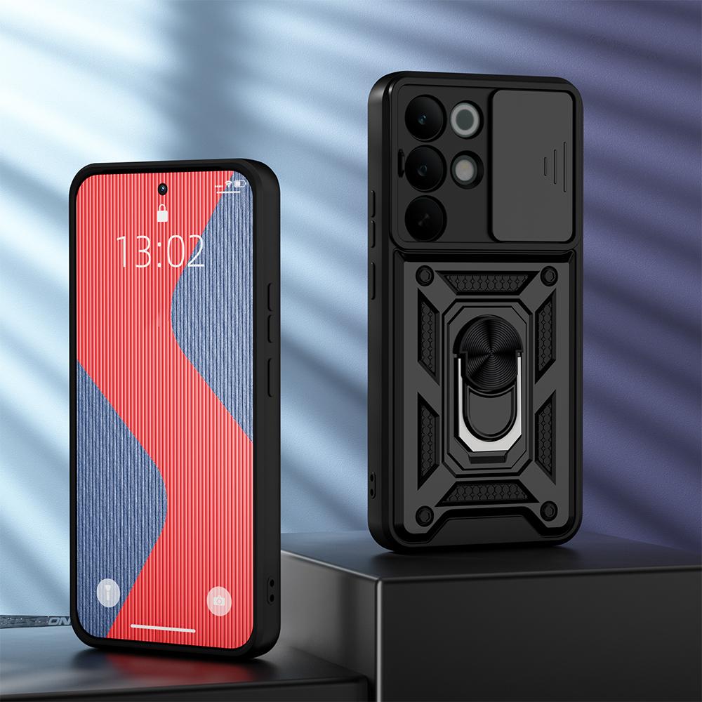 KEYSION Shockproof Armor Case for Realme C85 5G Slide Camera Lens Protection Ring Stand Phone Back Cover for OPPO Realme C85 Pro