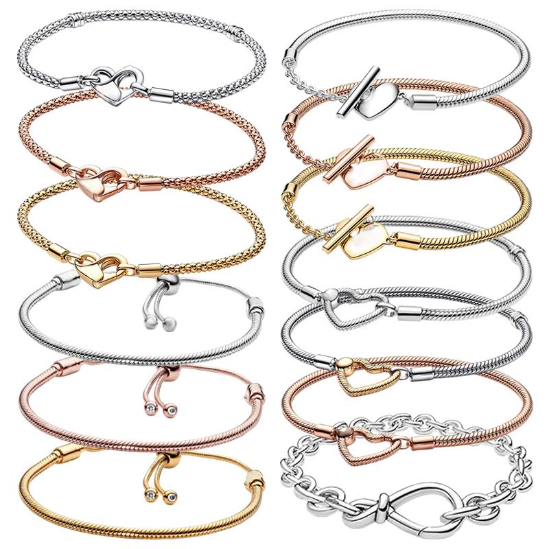 925 Silver Women's Bracelet with Heart T-shaped Buckle and Adjustable Bracelet, Fashionable DIY Jewelry Gift