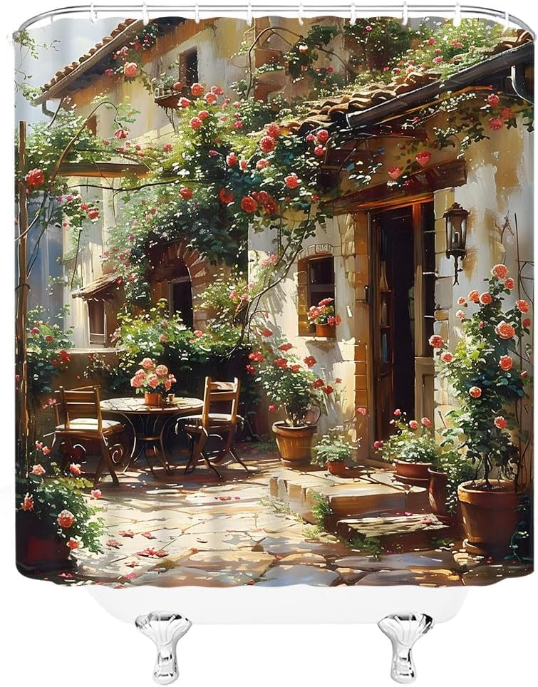 Tenda Doccia da Giardino Rustica Italiana Europea Toscana Italia Strada Città Cortile Fiore Vite Vaso Vintage Cultura Mediterranea