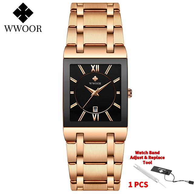 WWOOR Brand Luxury Gold Bracelet Men's Watches Fashion Square Quartz Wrist Watch For Men Stainless Steel Waterproof Reloj Hombre
