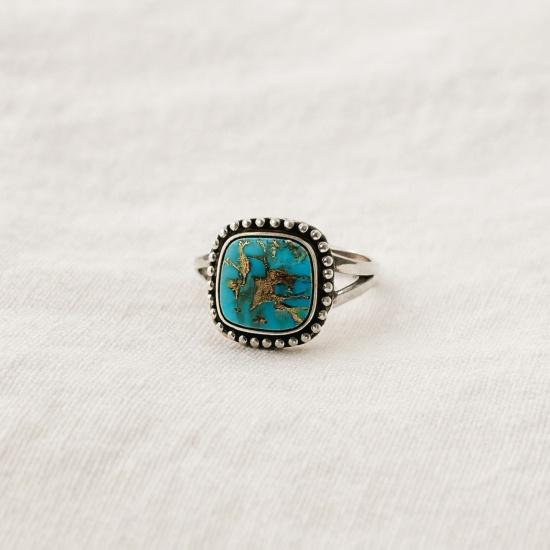Copper Turquoise Ring, 925 Solid Sterling Silver, Handcrafted Cushion Cut Gemstone Jewelry