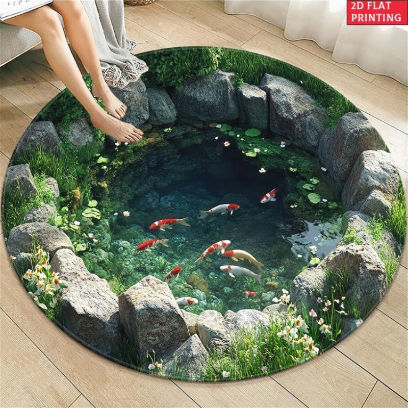 3D Natuursteen Vijver Koi Vis Rond Tapijt, Helder Water Lotus Wilde Bloemen Print Vloermat voor Woonkamer Bank Balkon Binnen Huis 60cm-24in