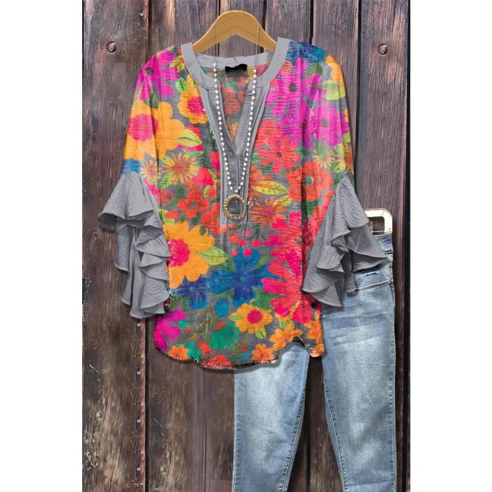 Large Women's Bohemian V-neck Shirt with Ruffle Sleeves, Grey Brown Floral Print Top, Casual Breathable Machine Washable Pullover