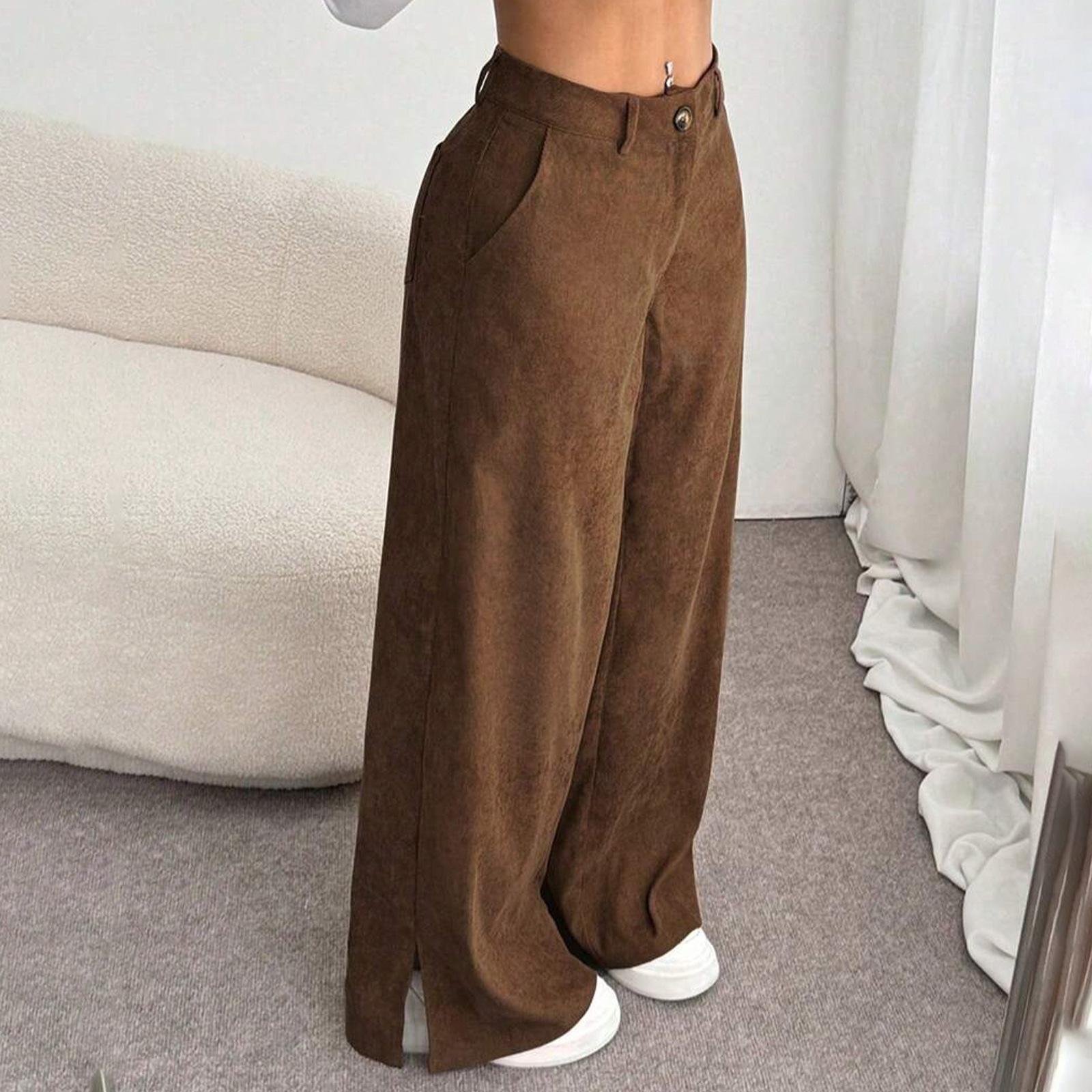 Women s High Waist Wide Leg Pants Split Side Pocket Casual Corduroy Trousers XS