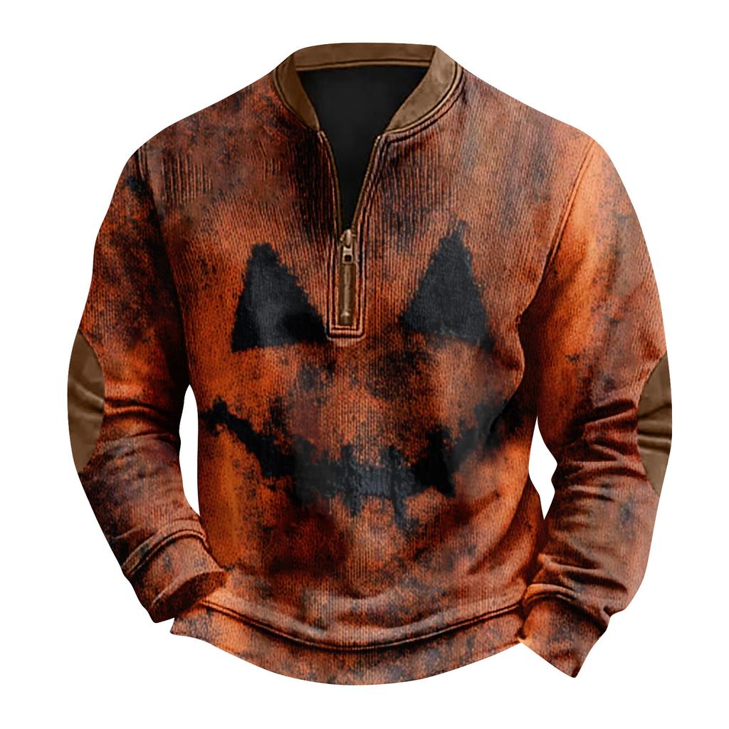 Men's Casual Fashion Christmas Printed Hoodless Sweatshirt Wide Men's Loose Button Stand Collar Hooded Sweatshirt