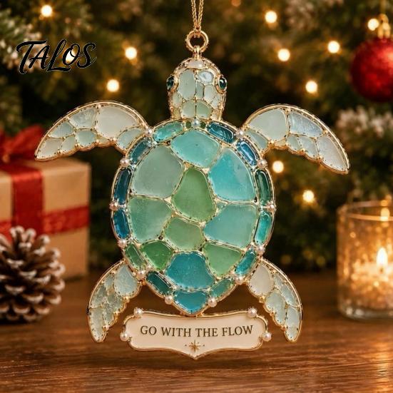 Office Party Hanging Decor Handmade Sea Glass Coastal Christmas Ornaments, Turtle Seahorse Starfish Gifts for Holiday Season Sailboat Beach Decoration