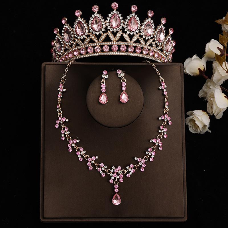 DIEZI Princess Bridal Rose Red Crystal Crown Tiara Women Girls Wedding Party Rhinestone Tiaras Necklace Earrings Jewelry Sets