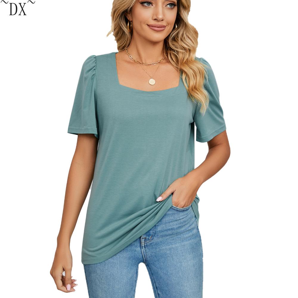 DX~~ Весенне-летняя новая однотонная свободная футболка с квадратным воротником — фото 9