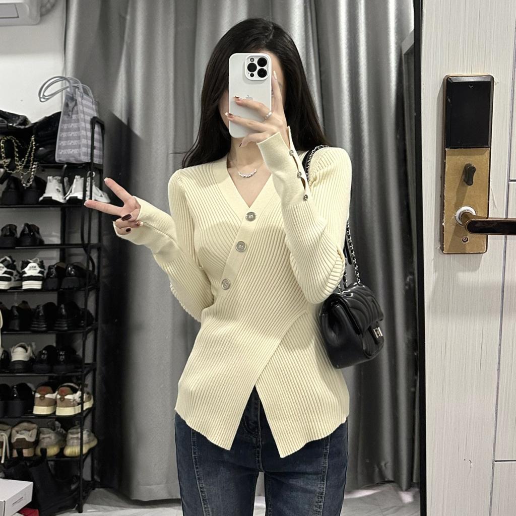 Irregular pure desire to look thin V-neck sweater cross slim cut split pullover knitted long sleeve inner cover