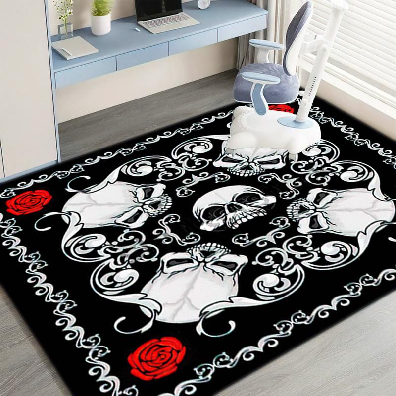 1PC Skull Dark Gothic Pattern Printed Carpet Rug for Living Room Bedroom Home Sofa Decoration,Non-slip Floor Mat Floor Mat