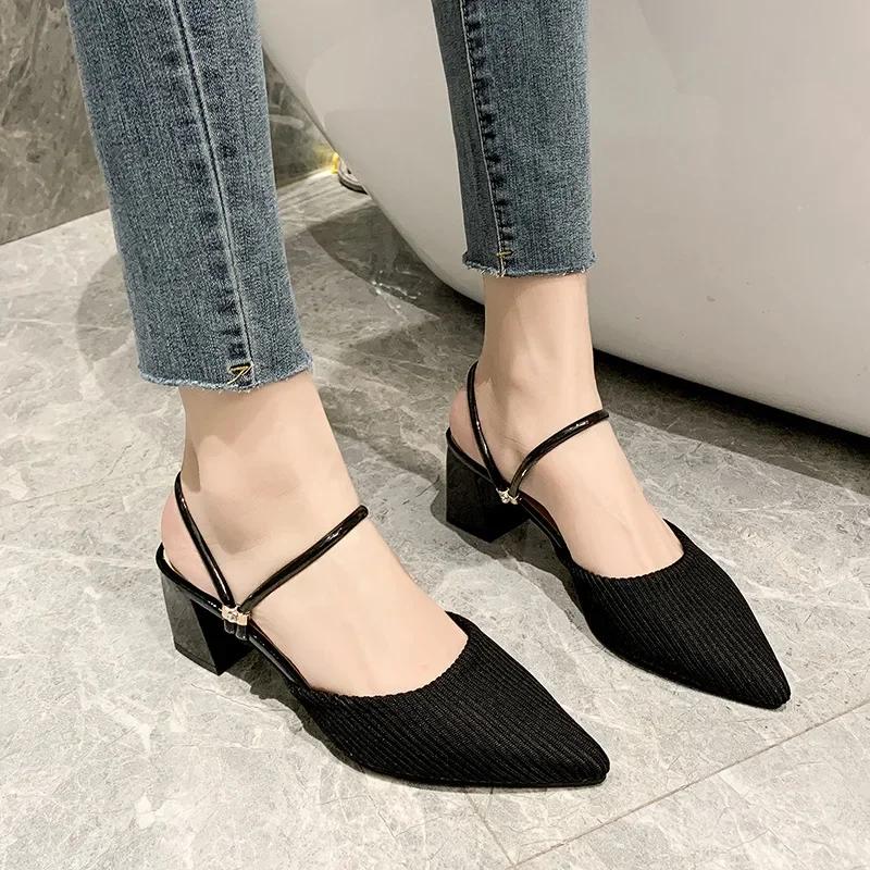 Fashion 2024 New Summer Sandalias De Mujer Casual Pointed Toe Thick High Heel Two-wear Mules Slippers Solid Color Half Slides Shoes