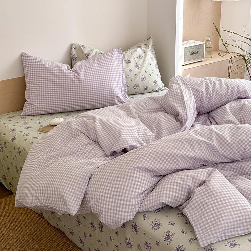 Spring And Summer Washed Cotton Contrast Color Bed Floating In Iceland Simple Style Four-piece Cotton Bed Sheet Quilt Cover