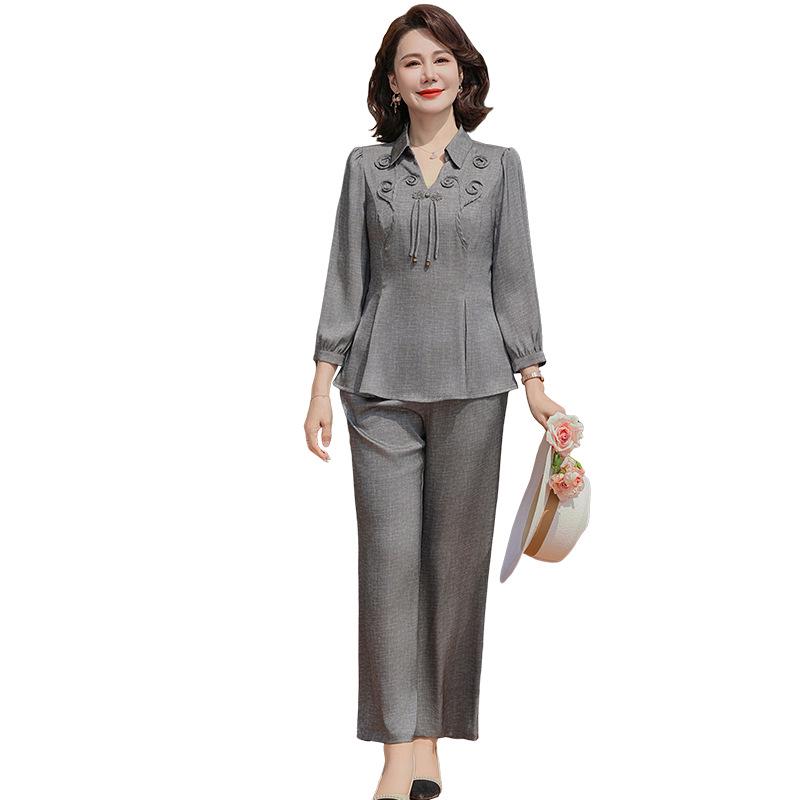Mom's Elegant Slimming Chinese Style Two-Piece Summer Suit for Middle-Aged Women