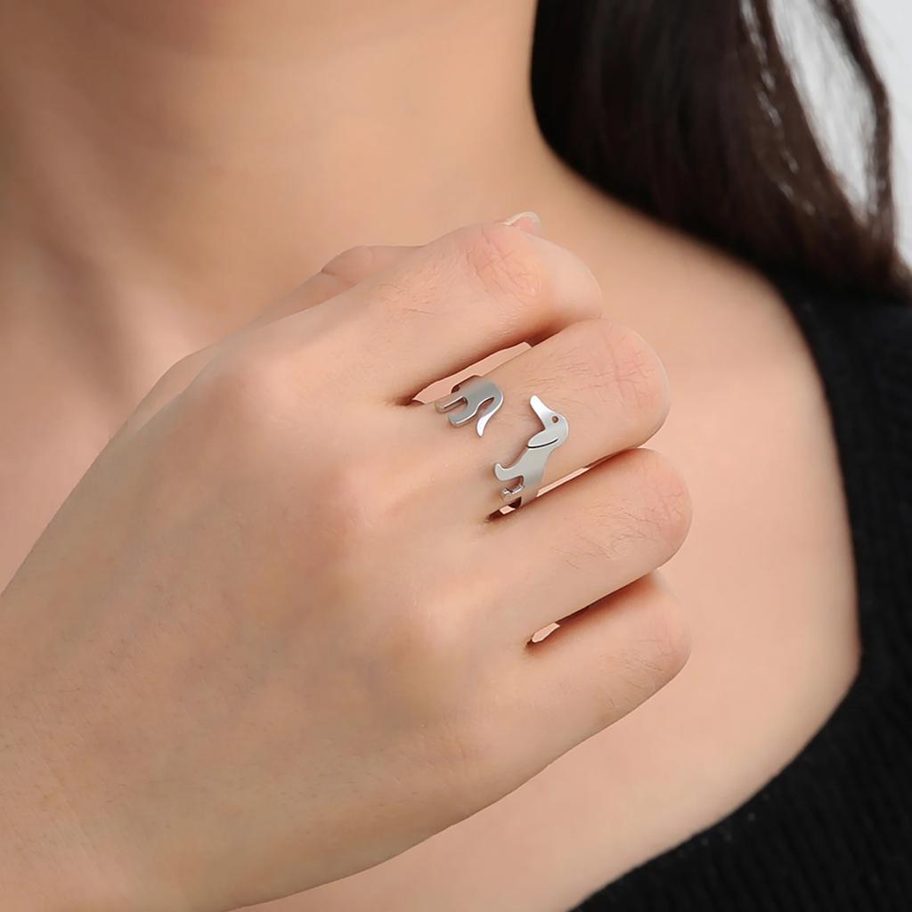Cazador Adjustable Dachshund Dog Rings for Women Girl Stainless Steel Open Rings Cute Animal Pet Jewelry Birthday Gift Wholesale