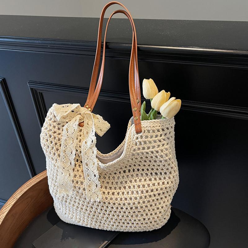Women Straw Woven Shoulder Bag Solid Color Shoulder Summer Woven Pouch for Women Handmade Traveling Handbags Underarm Bags AVE