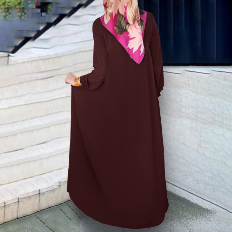 Elegant Muslim Women's Pleated Dress - Solid Color, Round Neck, Long Sleeve