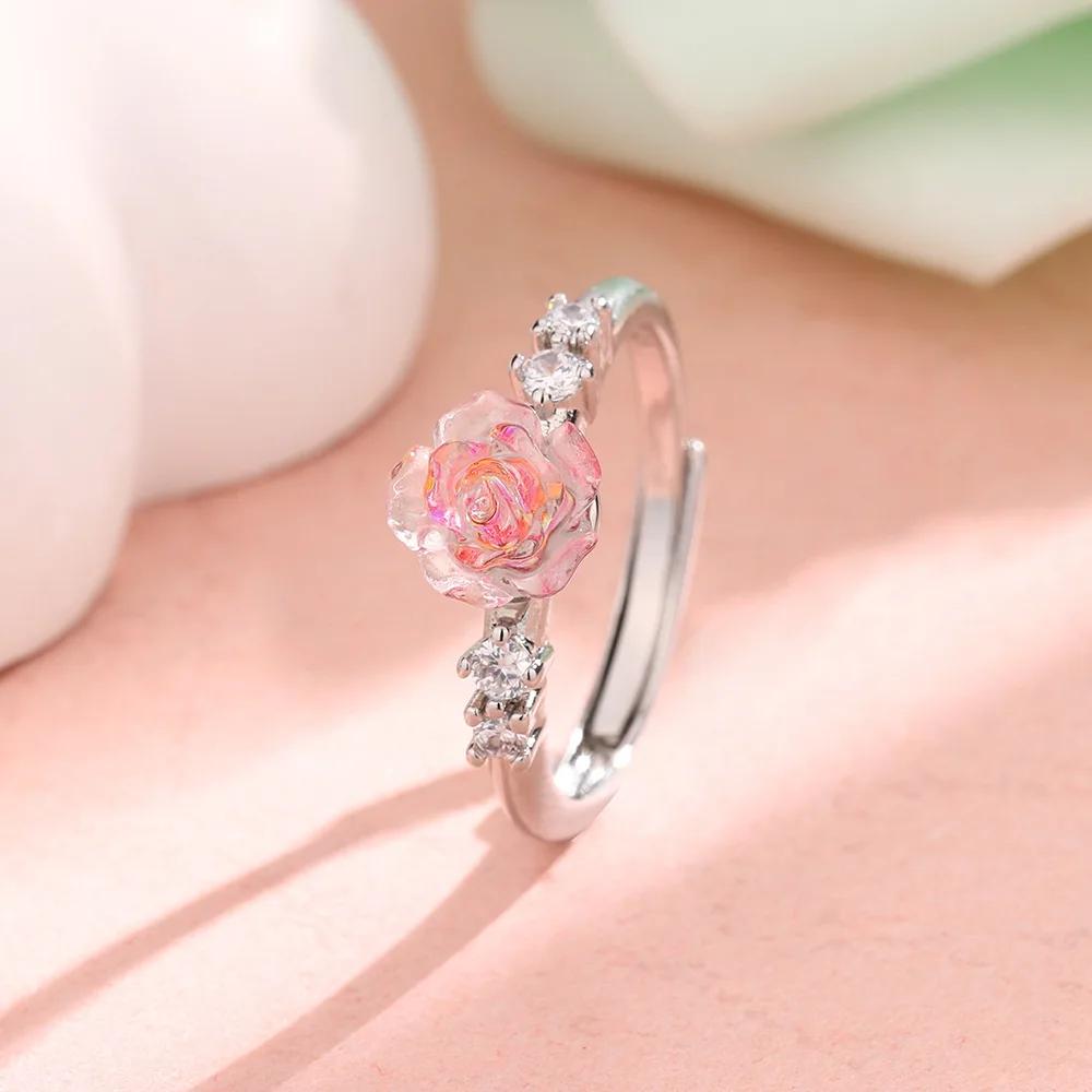 

PONYKISS Кольца из серебра 925 пробы с розовым цирконом в виде цветка розы, регулируемые, для женщин. Милые растительные, тонкие ювелирные изделия, минималистичные аксессуары. resizable