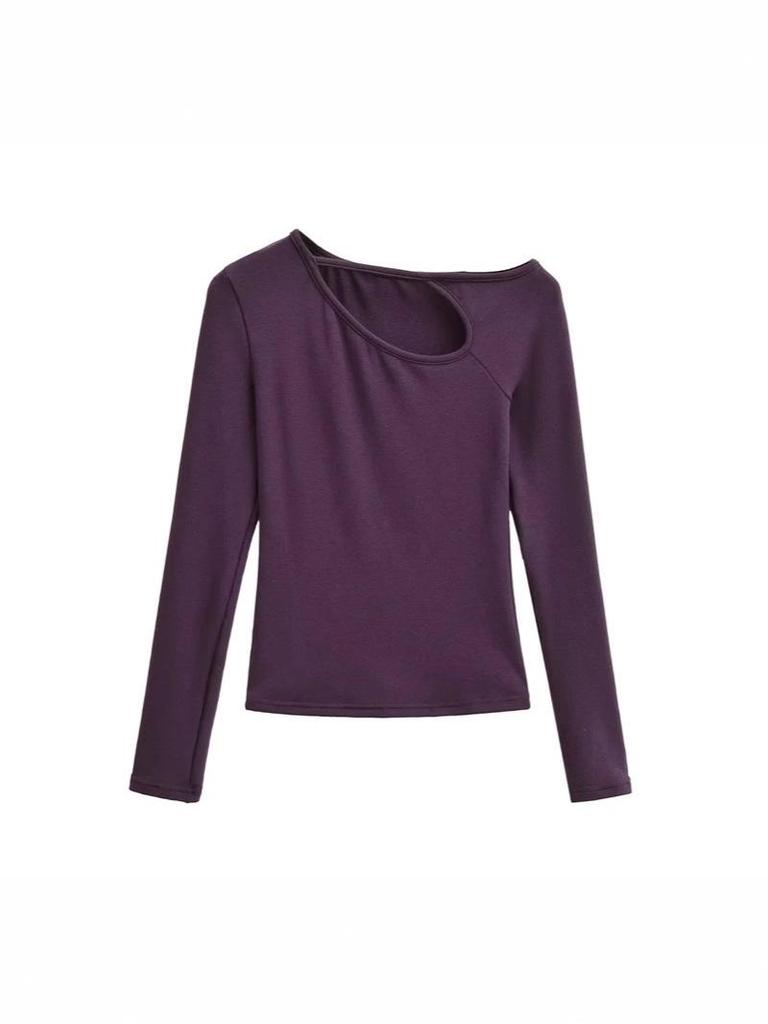 Design Sense Oblique Neckline Hollow Long-Sleeve Slim-Fit Velvet Top for Women - Autumn/Winter Sexy Base Layer