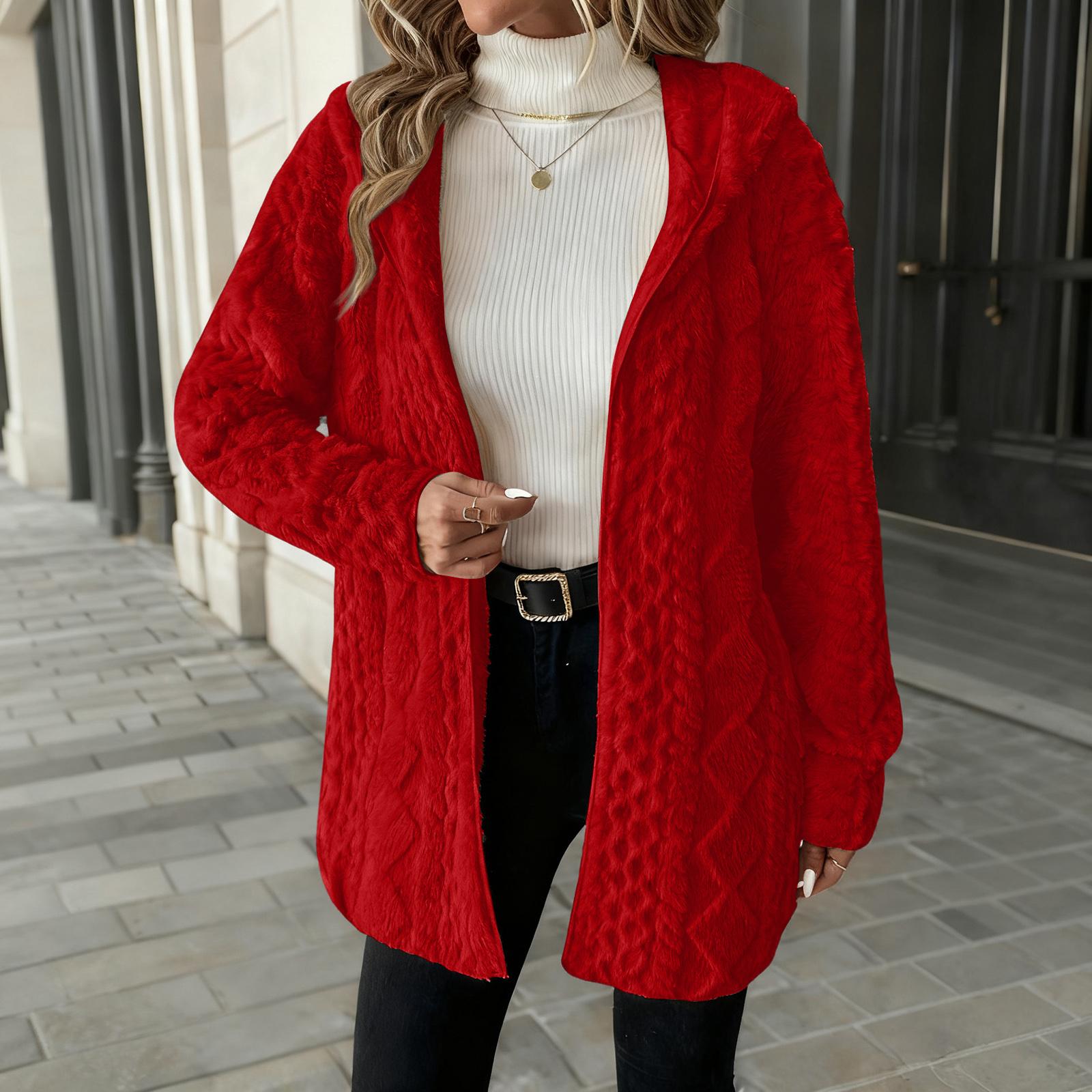 

Женский модный однотонный кардиган с длинными рукавами, свободного кроя, с капюшоном, плюшевая куртка XL красный