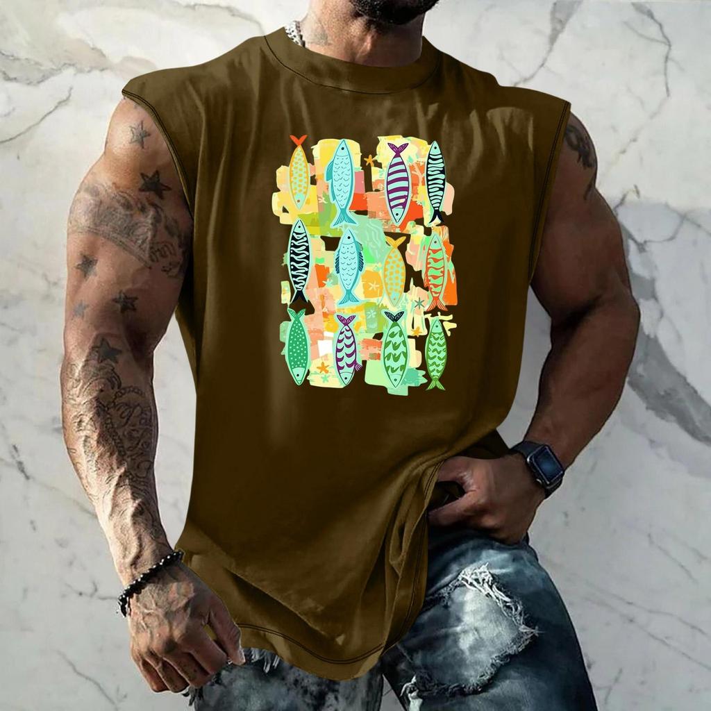Men's Sleeveless Tank Top Loose Fit Vintage Texture Breathable Muscle Shirt Summer Streetwear Casual Daily Wear Printed Vest