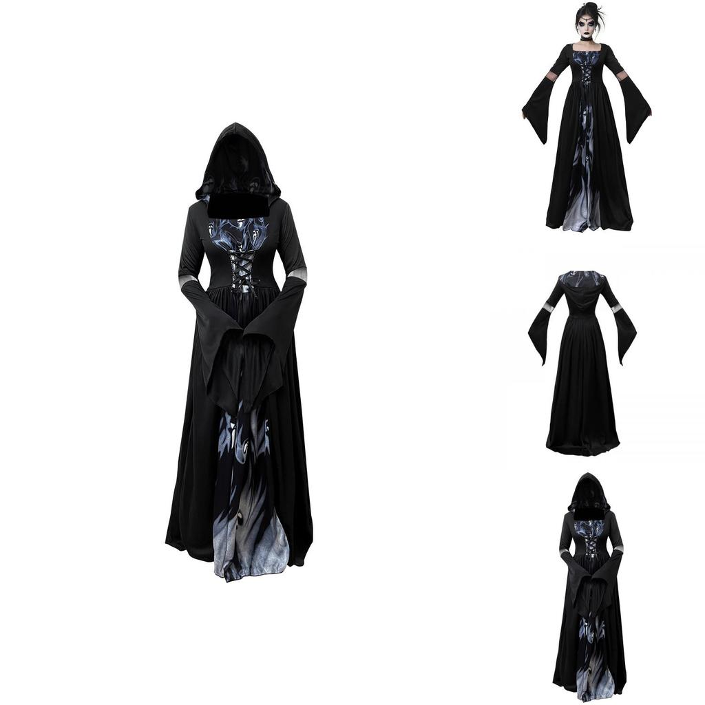 Halloween Hexenkleid Mit Kapuze Cosplay Kostüm Für Damen Aus Polyesterstoff Für Bühnenauftritte