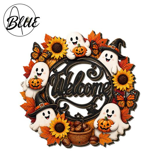 Dekorativer Hänger mit Türschild Halloween Geist Kürbis Angenehme Klingel Holz Willkommen Niedliches Wandornament Party Hängeseil Deko