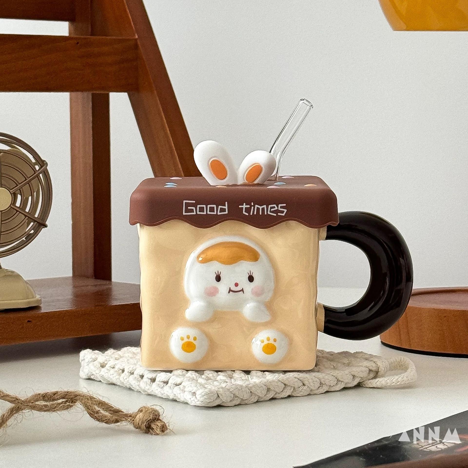 

Кружка с симпатичным кубическим рисунком в виде кролика, офисная, с высоким видом, с крышкой, соломенная чашка для завтрака дома 450ml