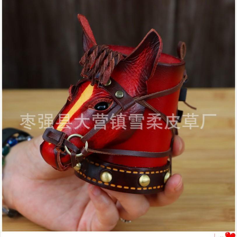 First Layer Cowhide Small Red Horse Pen Holder Desk Ornament Office Desktop Decoration Storage Bucket Home Decoration Gifts