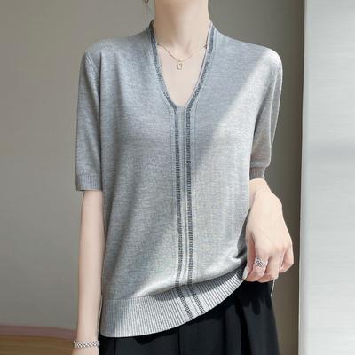 Summer Women's Silk Knit Sweater Short Sleeve V-neck Diamond Knitted Sweater Loose Knit  T Shirt Top