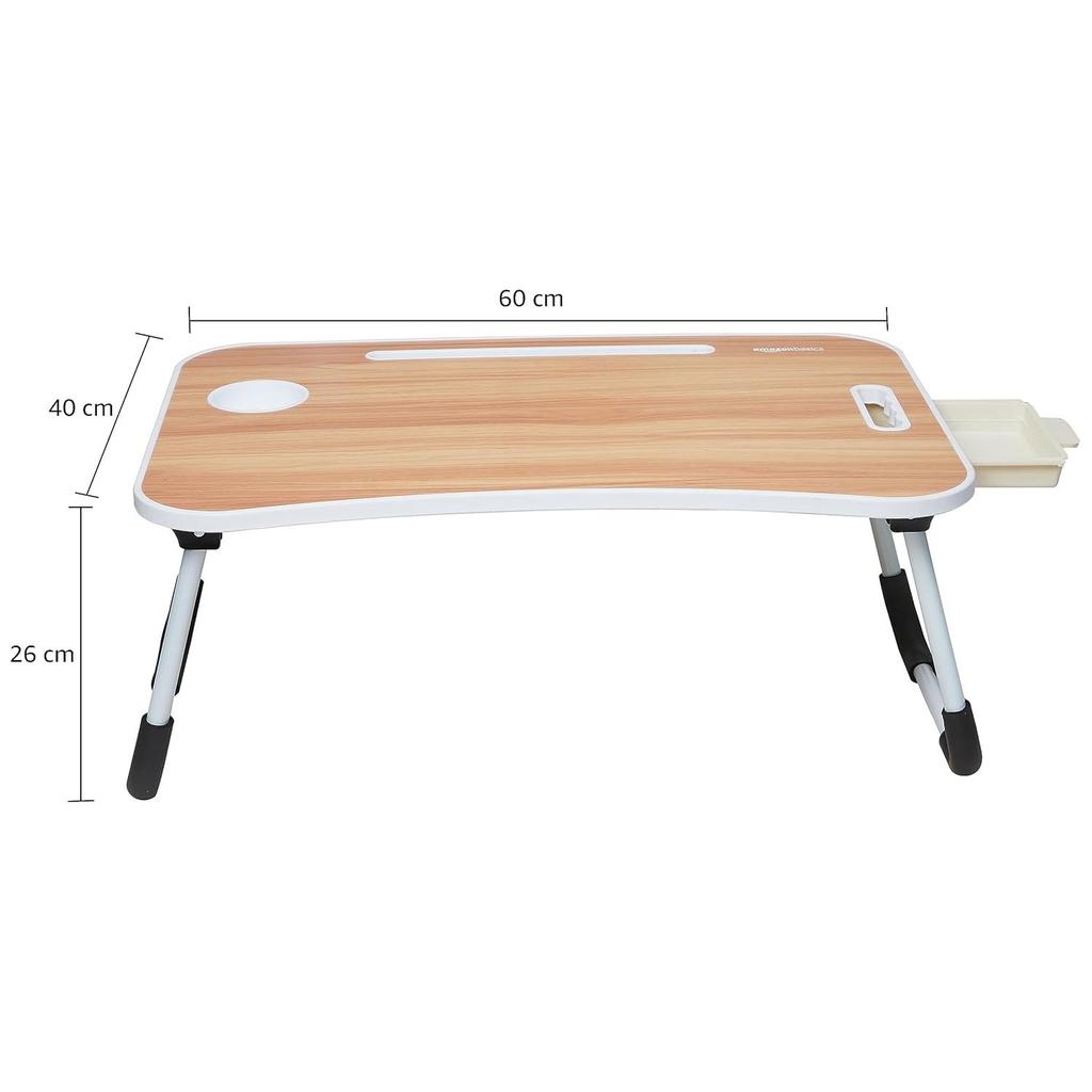 Klappbarer Laptop-Tisch aus Holzwerkstoff mit Getränkehalter, Tabletfach und Mini-Schublade (60L x 40B x 26H cm, Braun)