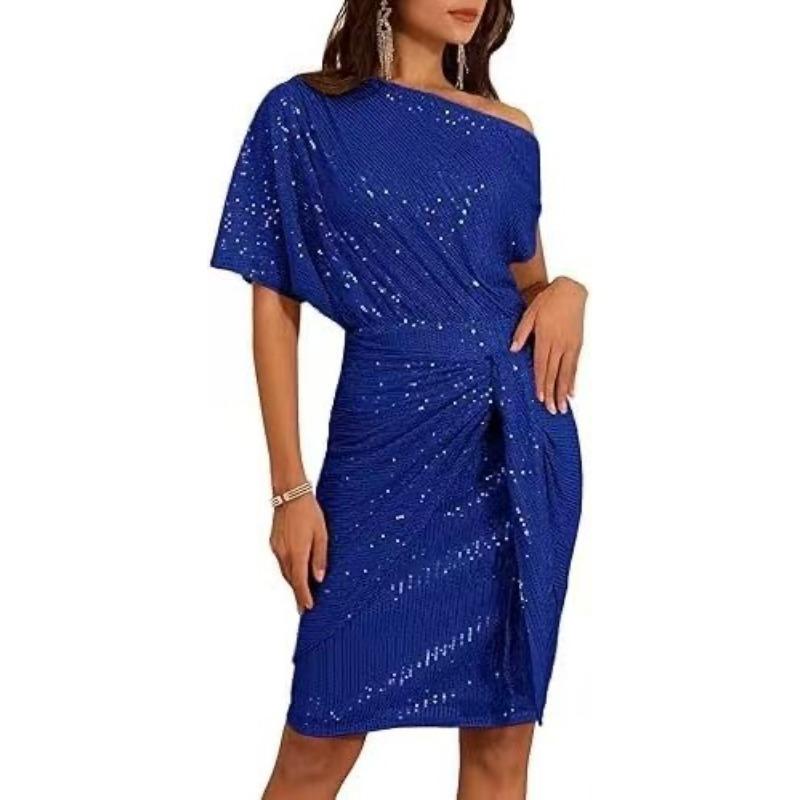 Ladies Trimmed Shiny Party Club Shoulder Folds Toast Dress Fashion Dress