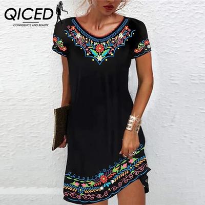 Damen Sommer Midi Bedruckte Urban Casual Kurzarmkleider