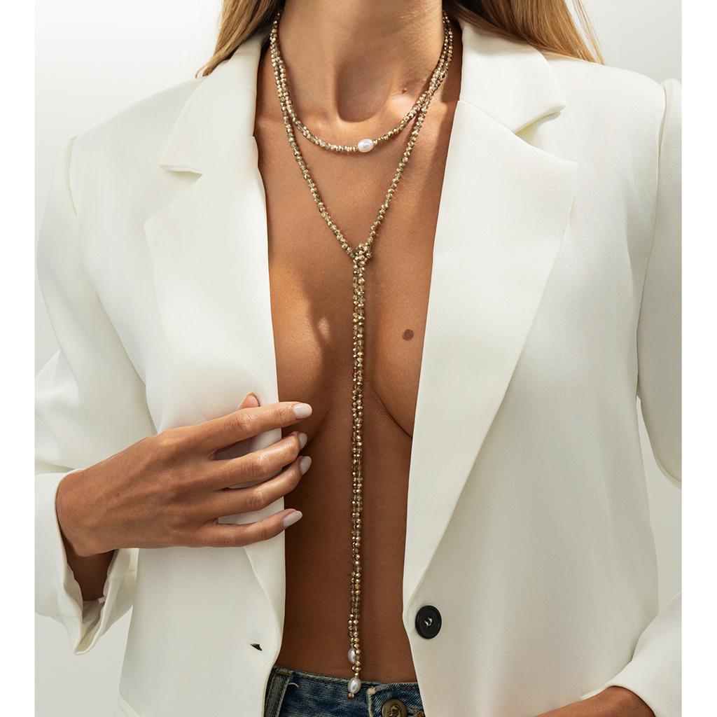 Retro Imitation Crystal Beaded Long Necklace, Fashionable Stacking Of Imitation Pearl Pendant Winding Necklace