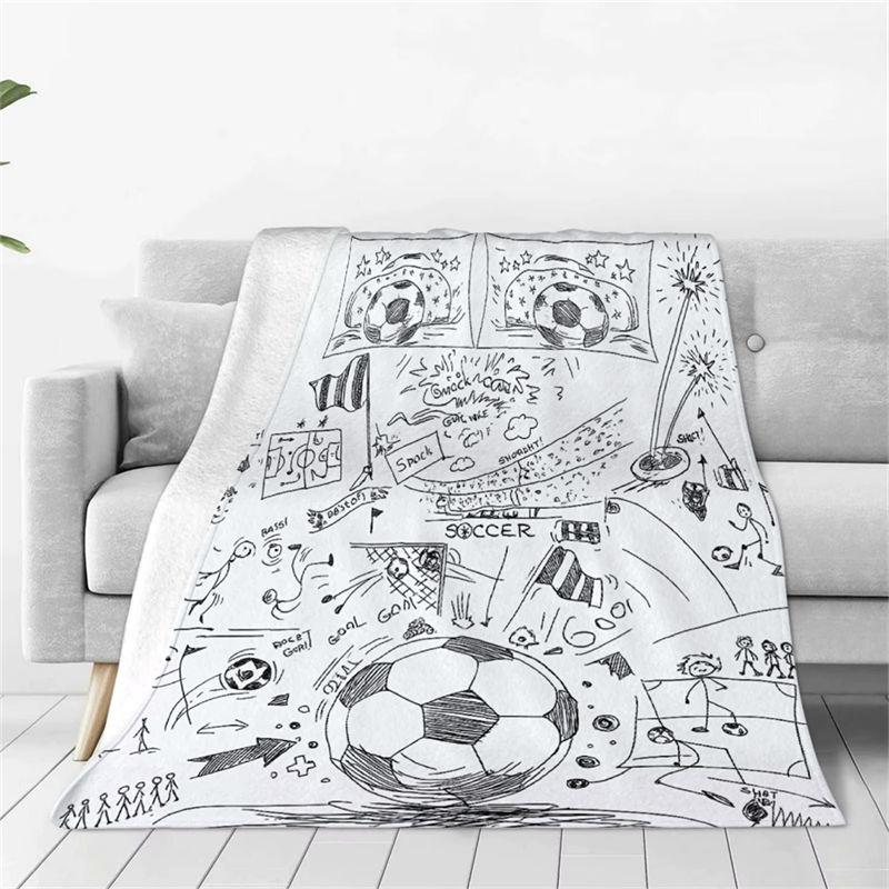 Soccer Theme Flannel Throw Blanket White Cartoon Soccer Ball and Field Design Warm Blanket For Boys Living Room Sofa Bed Decor