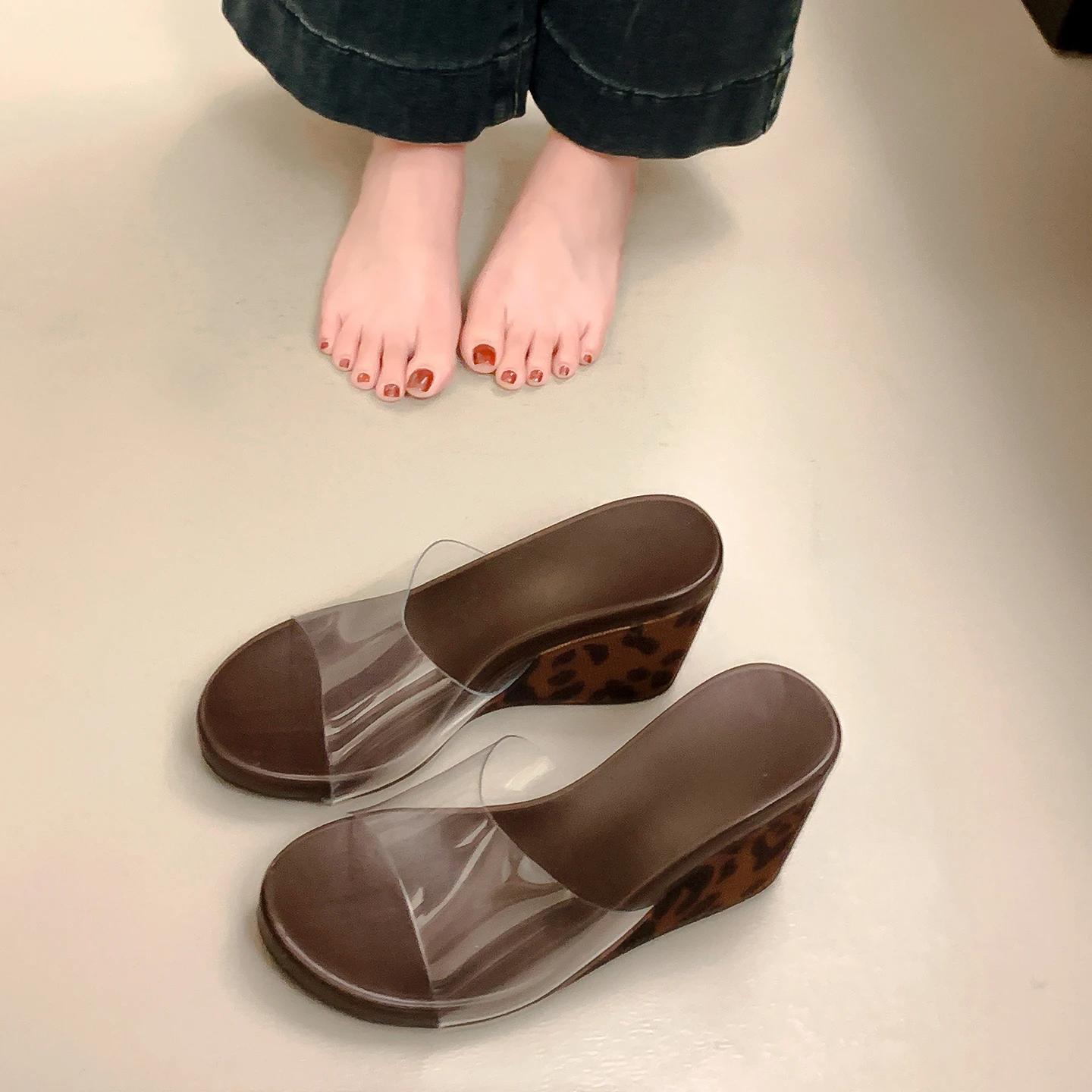 

Fashion PVC Transparen Wedges Heel Women s Slipper Summer Open Toe High Heels Banquet Party Slide Shoes 39 леопардовий