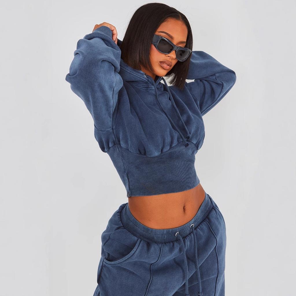 Europe, America 1116 spring and summer new waist sexy fashion hooded drawstring sweater strap trousers two-piece set