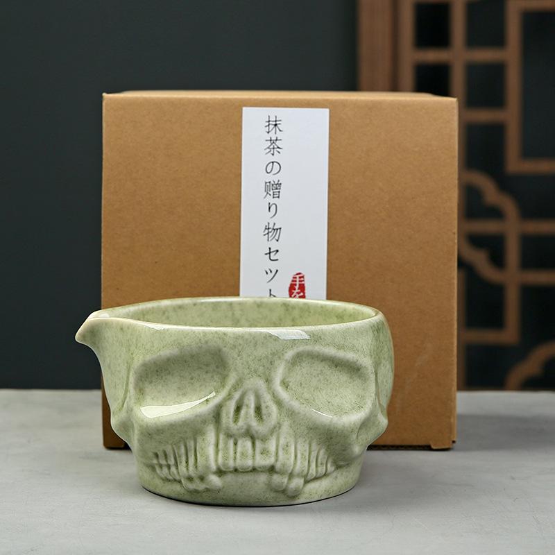 Ceramic Human Skull  Matcha Powder Whisk Smooth Reusable Tea Matcha Whisk Sets Retro WithTeaspoon Bowl Kiln-Formed Matcha Set