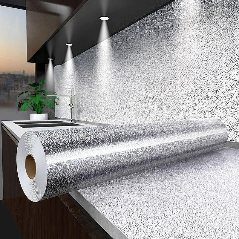 Kitchen Aluminum Foil Sticker, Self Adhesive Oil Proof Waterproof High Temperature Resistant Wallpaper, Cabinet Moisture Proof Protective Film