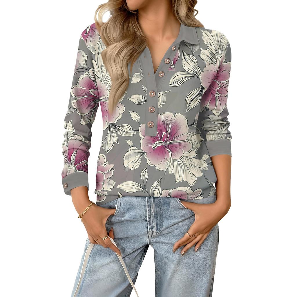 Women's Retro Street Lazy V,neck Long Sleeve Button Floral Print Pullover Top
