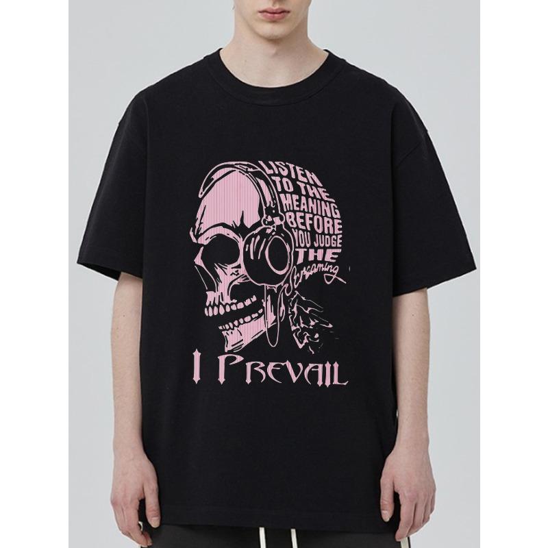 

Черная футболка с розовым графическим изображением наушников-черепа и текстом Listen To The Meaning Before You Judge The Screaming I Prevail для повседневного уличного стиля XXXXL чёрный