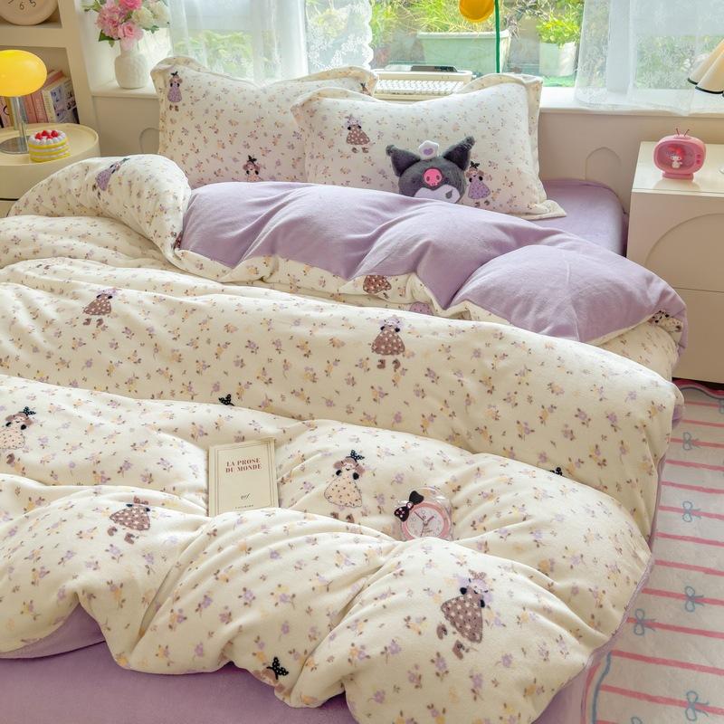 Thickened Milk Fleece Four-Piece Set, Coral Flange Double-Sided Fleece Quilt Cover, Bed Sheet, Bed Hat Three-Piece Set