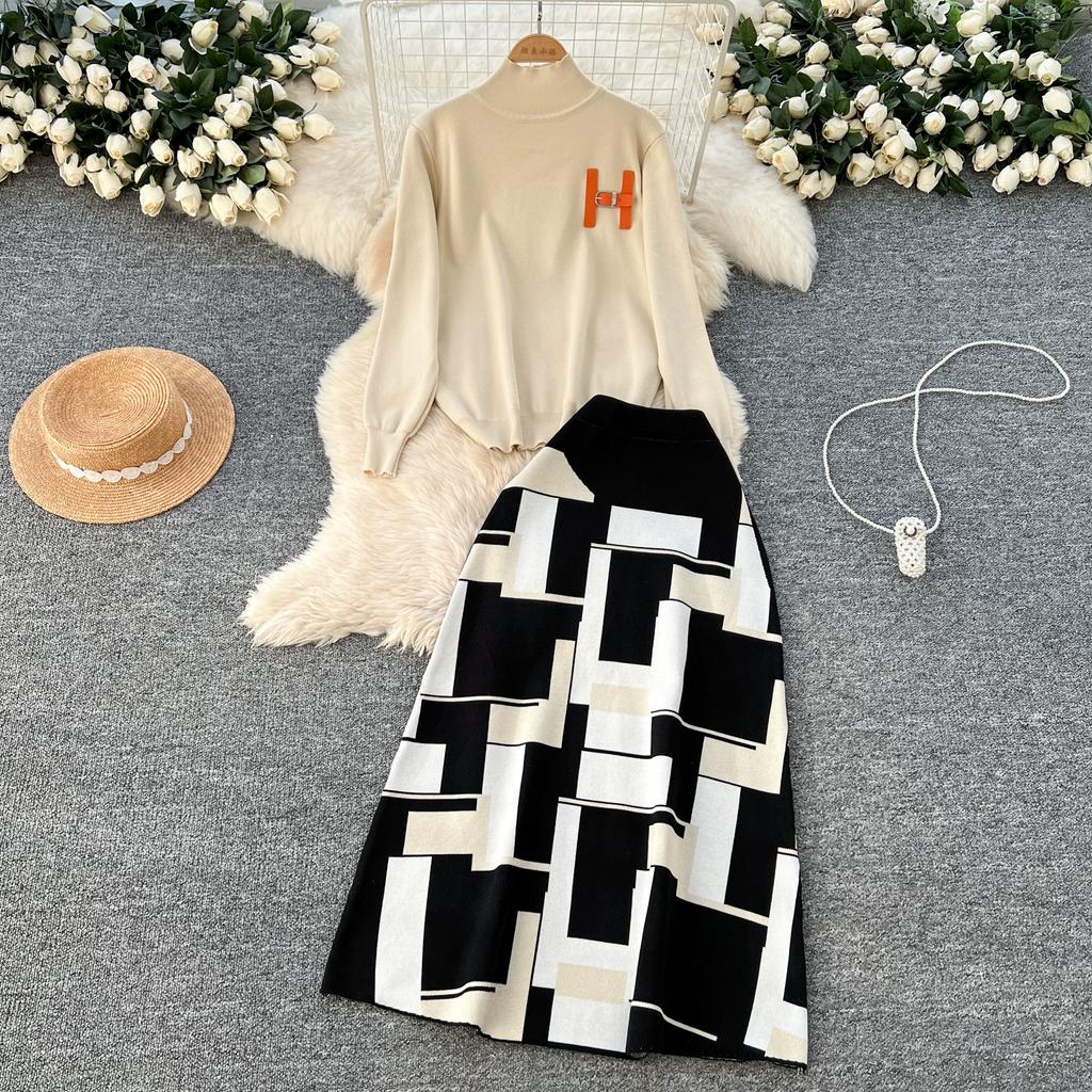 Høst Vinter Kvinner Elegant Strikket Genser Kontor Todelt Sett Ståkrage Pullover Topper og Lang Maxi Skjørt Dress