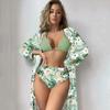 European and American High-Waisted Bikini Set with Printed Long-Sleeved Cover-Up