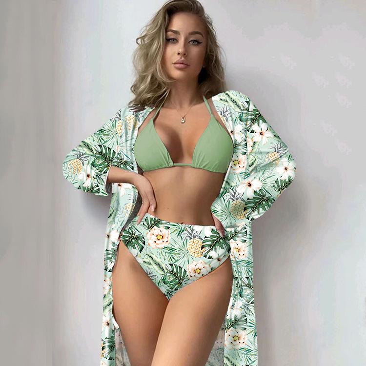 European and American High-Waisted Bikini Set with Printed Long-Sleeved Cover-Up