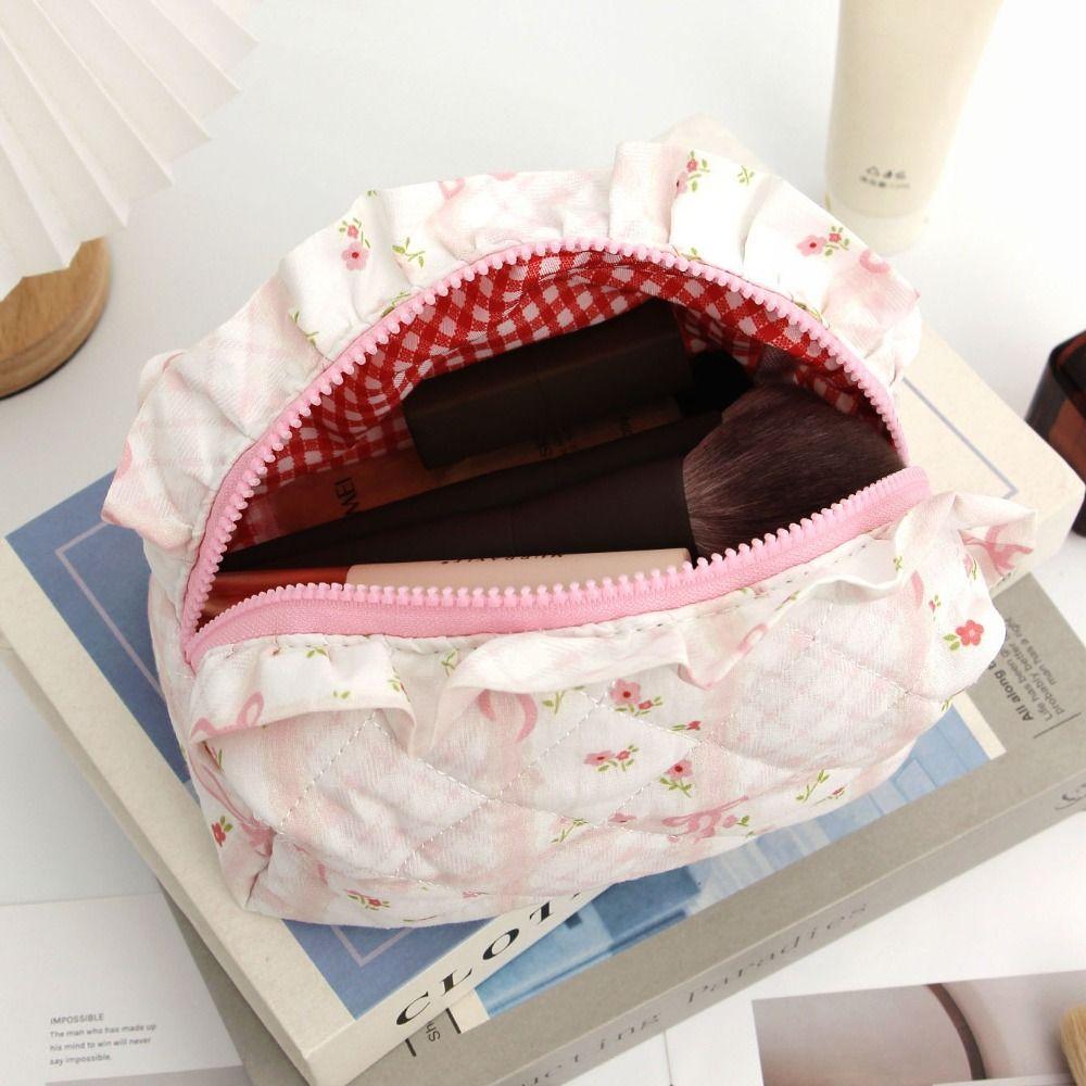 Portable Bow Quilted Cosmetic Bag Large Capacity Makeup Organizer Travel Toiletry Bag Zipper Lightweight Ruffles Storage Bag