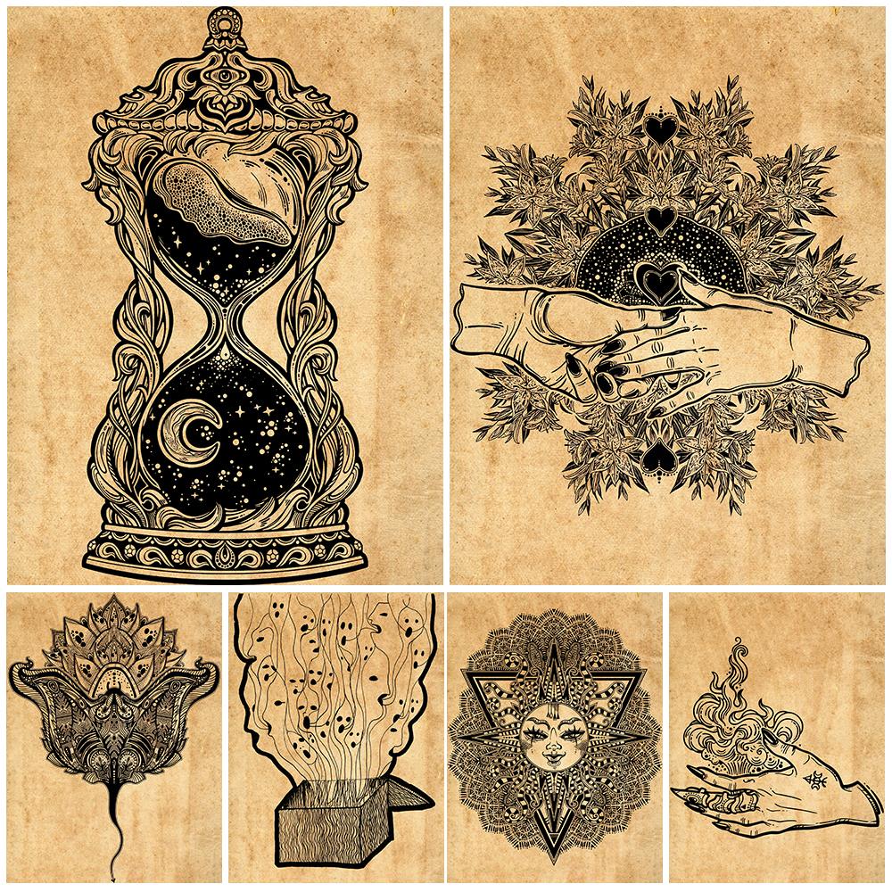 

Ведьма Готическая рука с огнем и коробкой Пандоры Винтажная настенная живопись маслом Зубы вампира Художественный постер