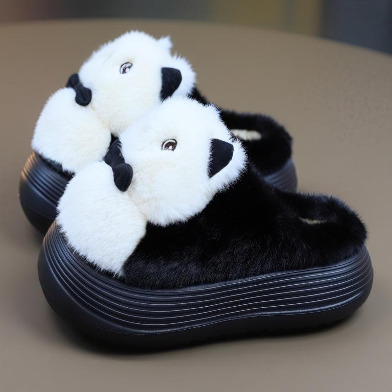 Fashion New cartoon panda fluffy slippers women's 5 cm platform mules clog shoes home slipper woman animal furry slides warm flip flops