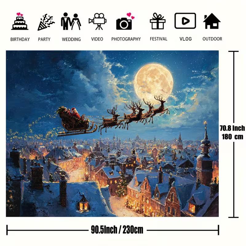 2D Christmas Night Backdrop, Santa Sleigh with Moon and City Lights Background